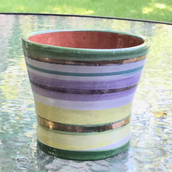 Pottery Vase in Lavender Green Yellow & Metallic Gold Stripes/Pen-Pencil Holder - Picture 2 of 12